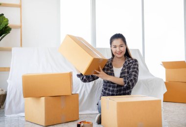 Genç iş kadını evinde online alışveriş çalışma