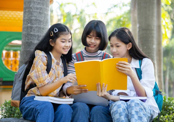 学校公园里的一群女学生一起读书 免版税图库图片