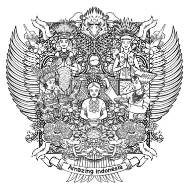  indonesian females with amazing culture on garuda handdrawing outline illustration clipart