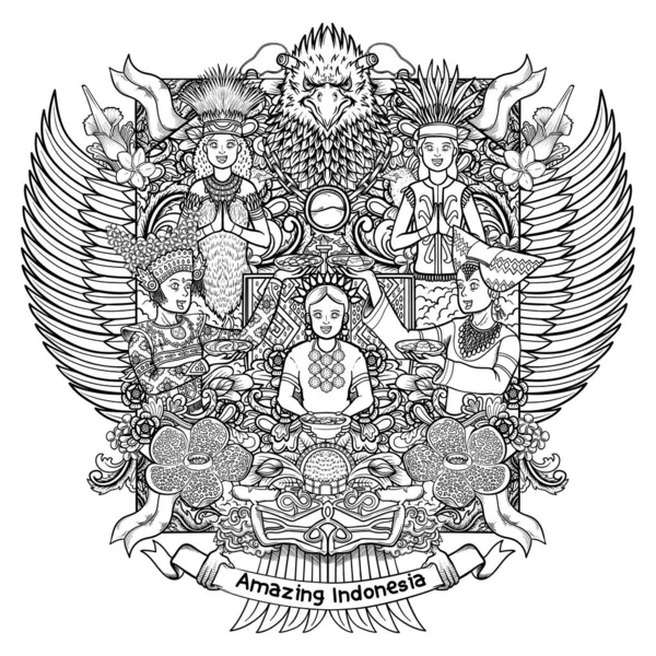 Indonesische Weibchen Mit Erstaunlicher Kultur Auf Garuda Handzeichnung Umriss Illustration — Stockvektor