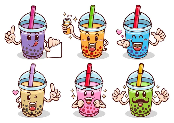 Kawaii Lindo Emoji Pegatina Personajes Dibujos Animados Boba Burbuja Leche — Vector de stock