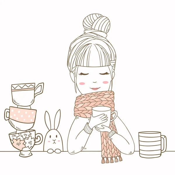 Girl drinks tea cup with rabbit. — Stock Vector