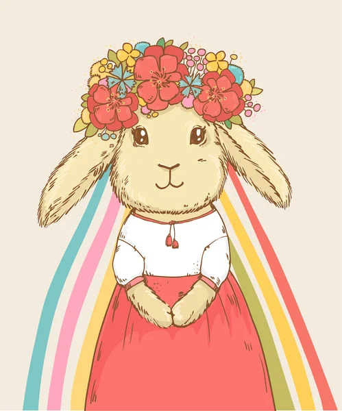 Schattig konijn in jurk en bloem krans. — Stockvector