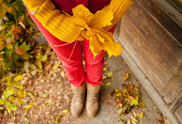 Une jeune femme avec des feuilles dans les mains. Automne octobre fond — Photo