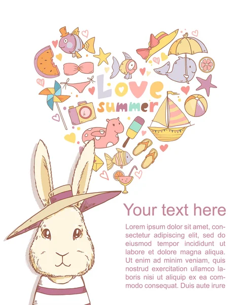 Cute rabbit in summer hat — Stock Vector