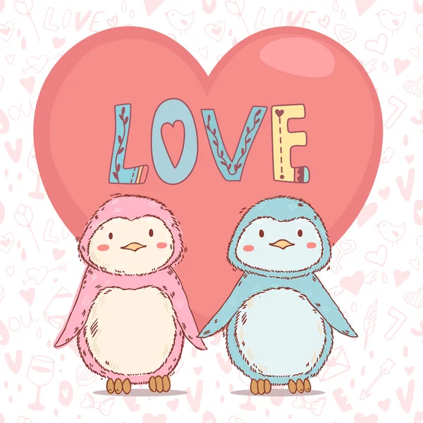 Pingüinos juntos en el amor — Vector de stock