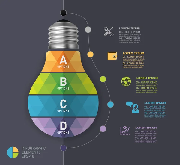Modelo de infográfico moderno com design de ícone de lâmpada pode ser usado para layout de fluxo de trabalho, gráfico, opções de número, apresentação, web design —  Vetores de Stock