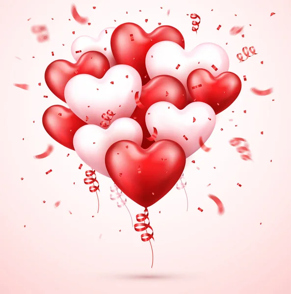 バレンタインデーのデザインの背景 現実的な赤い3Dバルーンとコンフェッティ 休日の装飾ロマンチックな背景 — ストックベクタ