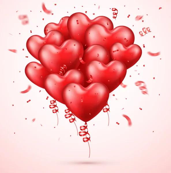 Fondo Diseño Del Día San Valentín Globos Rojos Realistas Confeti — Vector de stock