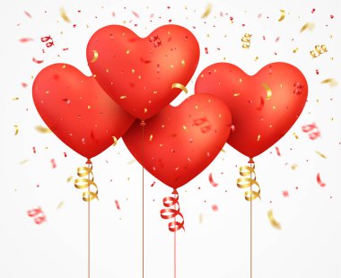 Gerçekçi 3D kırmızı balonlar kalp konfeti ve kurdele sineğiyle