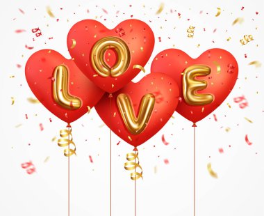 Sevgililer Günü geçmişi. 3D kırmızı balonlar kalp altın metalik yazılar konfeti ve kurdele sineği ile aşk