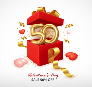 Sevgililer Günü indirimi% 50. Açılış hediyesi kutusu, kalp, kurdele ve konfetiyle romantik kompozisyon. Broşür, afiş, poster veya tanıtım ve alışveriş şablonu