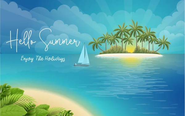 Hola Verano Vacaciones Playa Bandera Vacaciones Con Vista Isla Tropical — Vector de stock