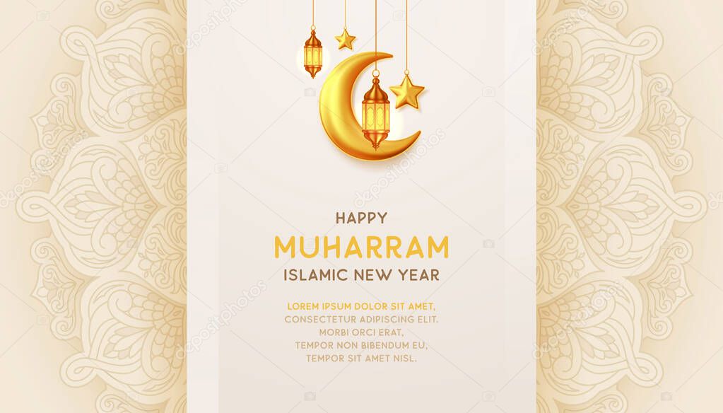 Happy Muharram Islamic new year background with hanging lanterns
