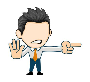 Kızgın iş adamı doğru yolu gösterir. Çizgi film tarzında düz illüstrasyon