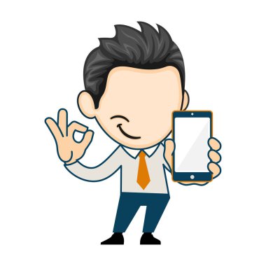 Akıllı telefonu elinde tutan bir iş adamı. Telefon sunumu ve tamam jest gösterimi.