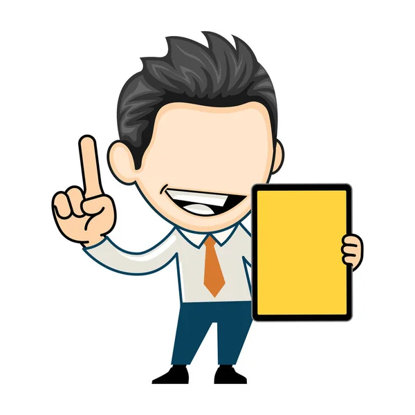 Happy Businessman Showing Tablet Business Concept Character Cartoon Vector Style — Stock Vector