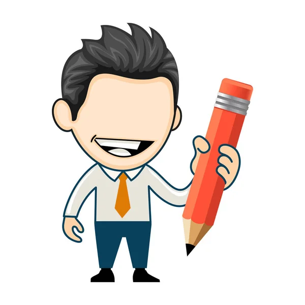 Feliz Hombre Negocios Sosteniendo Lápiz Divertido Personaje Dibujos Animados Vector — Vector de stock