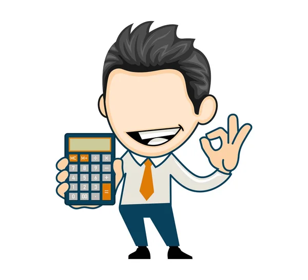 Hombre Negocios Feliz Sosteniendo Calculadora Mostrando Que Está Bien Joven — Vector de stock