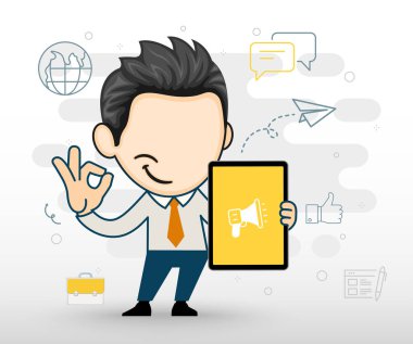 Tablet gösteren mutlu bir iş adamı. vektör biçiminde iş karakteri