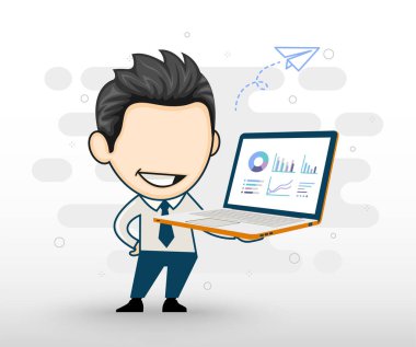 Mutlu genç iş adamı yeni nesil dizüstü bilgisayar gösteriyor. Çizgi film tarzında teknoloji kavramı.