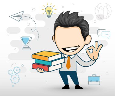 Mutlu iş adamı elinde bir yığın kitap gösteriyor. Elinde kitap yığını tutan öğrenci. Çizgi film tarzında düz vektör illüstrasyonu