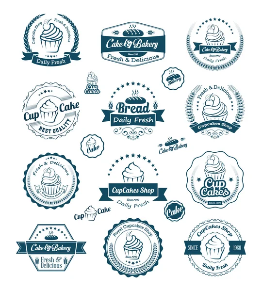 Vintage retro cupcakes and bakery badges and labels — Stock Vector