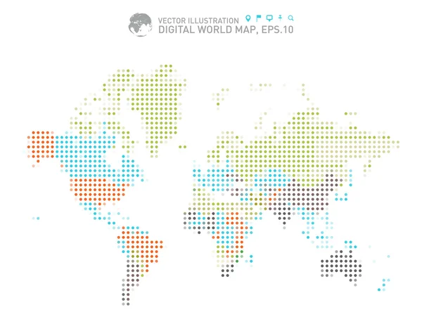 Renkli Dünya Haritası, renkli dijital dünya harita noktalı — Stok Vektör