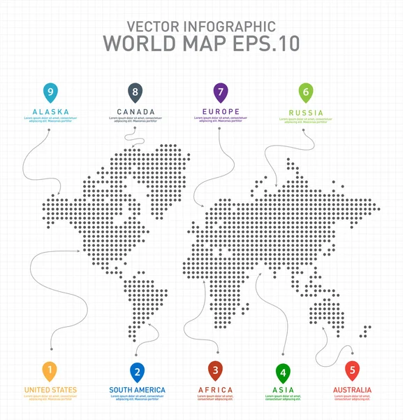 Infografías del mapa del mundo, Mapa del mundo digital con marcas de puntero . — Vector de stock