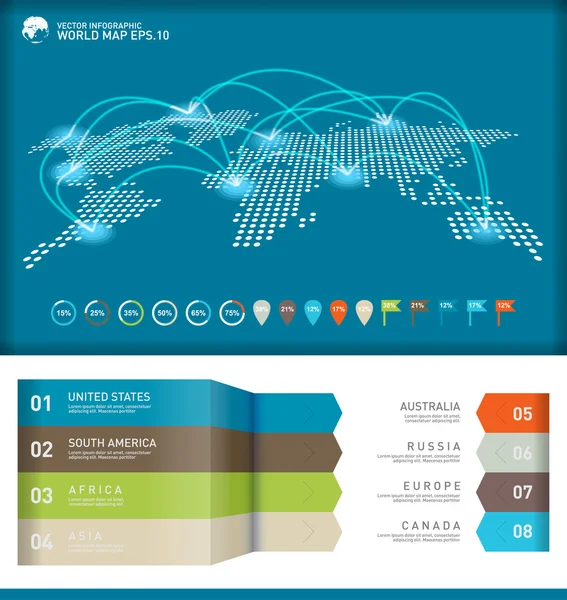 Världen karta infographics, Digital Världskarta med line resor bana. — Stock vektor