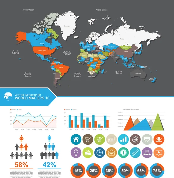 Mundo mapa-países, Definir elementos de infográficos. Mapa do Mundo e Gráficos de Informação, vetor editável eps10 . — Vetor de Stock