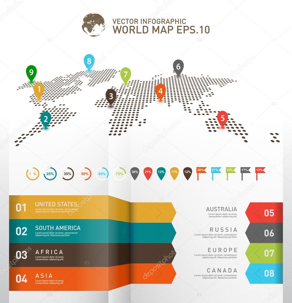 World map infographics, Digital world map with pointer marks.