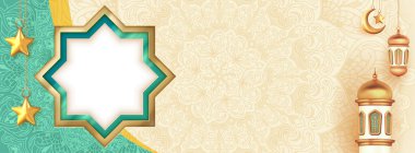 Camii olan İslami dekorasyon ve mandala desenli üç boyutlu hilal. Kültür sezonu, yazı için alanı olan pankart tasarımı kutsadı.