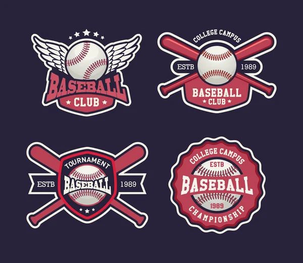 Vector de béisbol, juego de insignias de béisbol, plantilla deportiva con pelota y murciélagos para béisbol — Archivo Imágenes Vectoriales