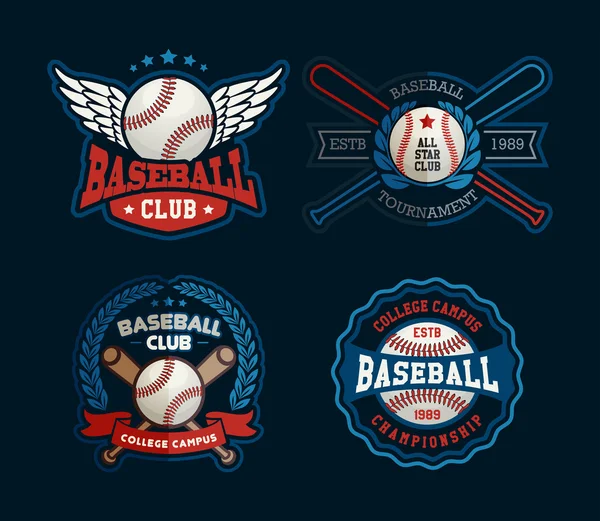 Vector de béisbol, juego de insignias de béisbol, plantilla deportiva con pelota y murciélagos para béisbol — Archivo Imágenes Vectoriales