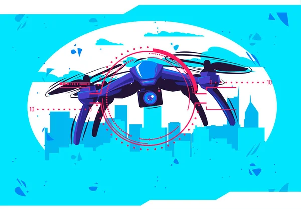 大きな都市のシルエットの上を飛行するドローンのベクトル図 ドローンのカメラのグラフィック投影の要素 — ストックベクタ