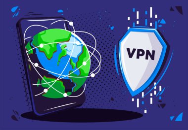     Gezegeni olan bir akıllı telefonun vektör çizimi, özel internet VPN, üzerinde yazı olan bir kalkan.