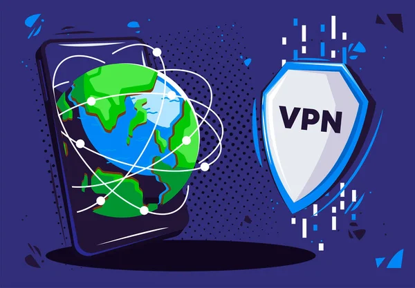 Vektorillustration Smartphone Med Planet Privat Internet Vpn Skjold Med Indskriften – Stock-vektor