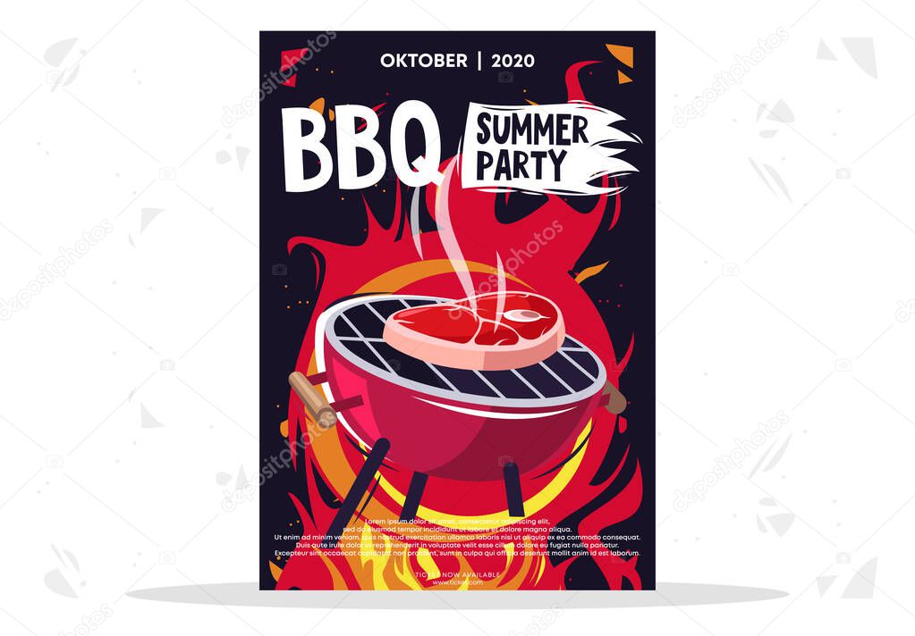    Vector illustration poster template for BBQ grill summer party, roast steak meat on the grill