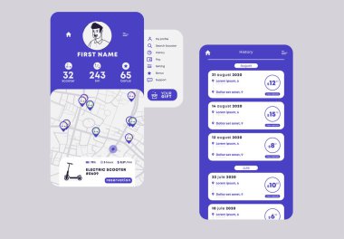 Elektrikli scooter kiralamak için mobil uygulama şablonunun vektör çizimi