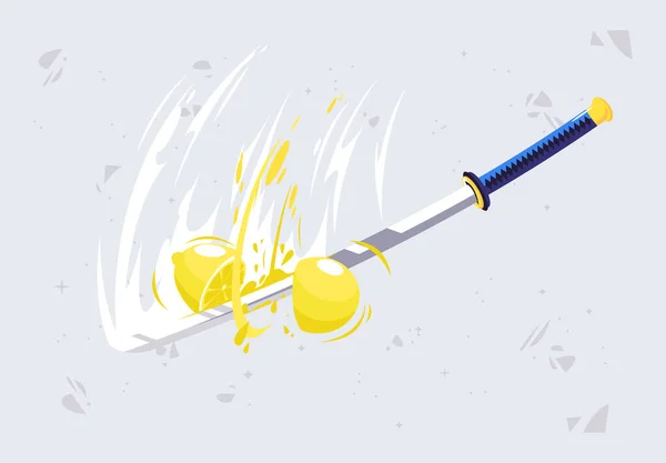 Vektor Illustration Eines Samurai Schwertes Schneidet Eine Zitrone Mit Einem — Stockvektor