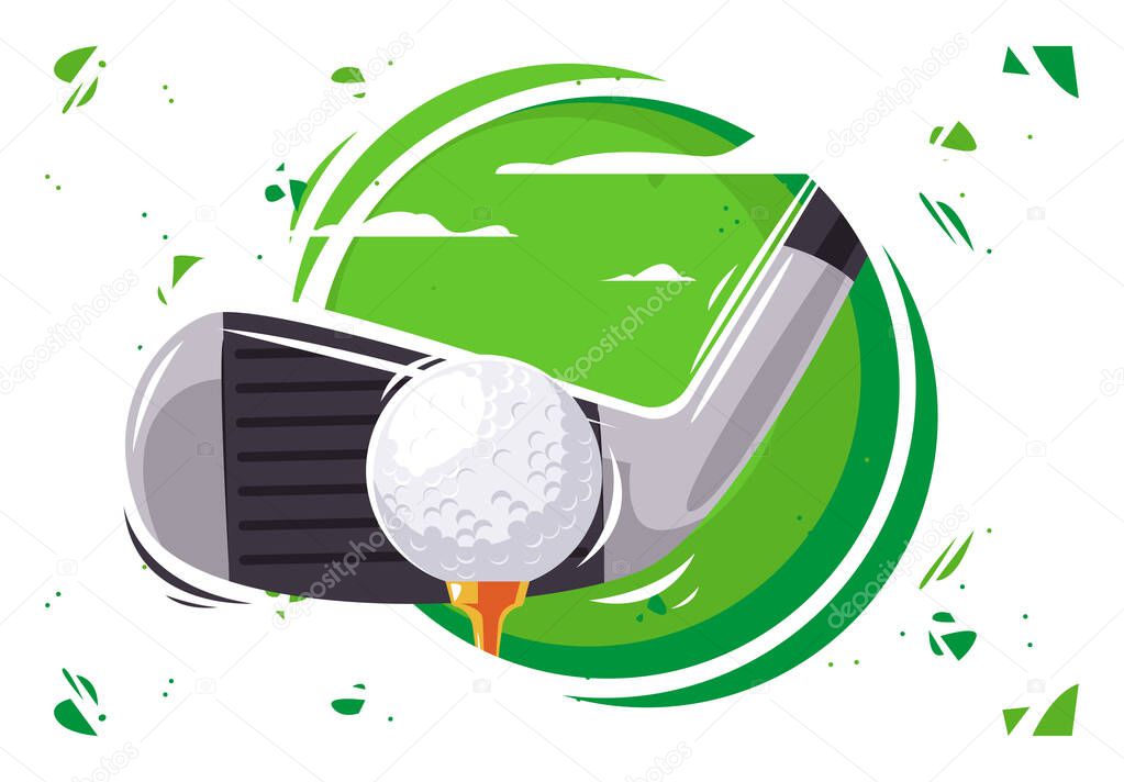 Vector illustration of a golf club with a ball on a green background