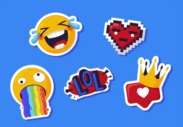    Komik, havalı emoji çıkartmaları koleksiyonunun vektör çizimi, lol, tıpkı taç, piksel kalp gibi.