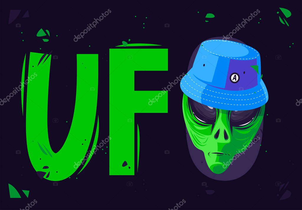 Vector illustration of a detailed head of an alien green creature with a modern youth hat, a headdress on the head of an alien