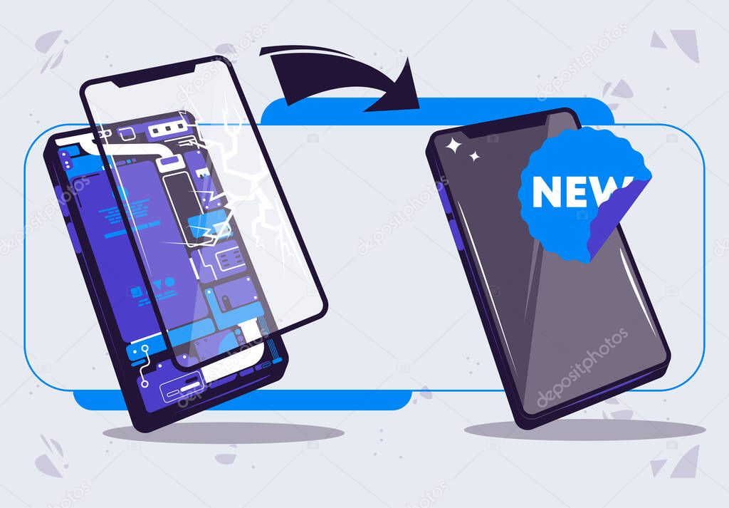  Vector illustration of the concept of replacing a new screen with a new one on a mobile phone, disassembled phone to replace the glass