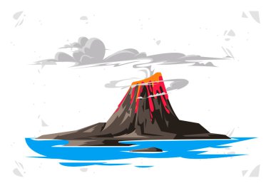 Patlayan bir volkanın vektör çizimi. Denizde akan lavlar.