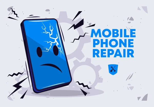  Vektör illüstrasyonu kurgusal üzgün karakter cep telefonu, telefondaki kırık cam, cep telefonu onarımı, telefon ekranının değiştirilmesi