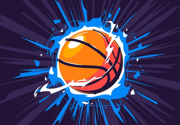 Ateşli bir basketbol topunun vektör çizimi, dinamik karanlık bir arka planı, yanan bir basketbol topu, etrafında enerji