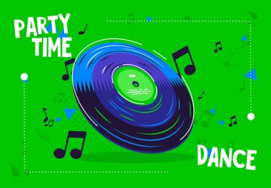    Disko müziği, disko zamanı, disko afişi şablonu, müzik notaları dinlemek için retro vinil diskin vektör illüstrasyonu