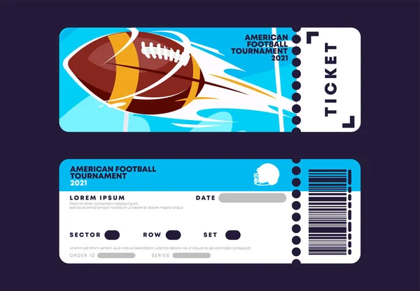 サッカースタジアムへの入場券 アメリカンフットボールの試合へのチケット アメリカンフットボールの試合ボールのためのテンプレートのベクトルイラスト — ストックベクタ